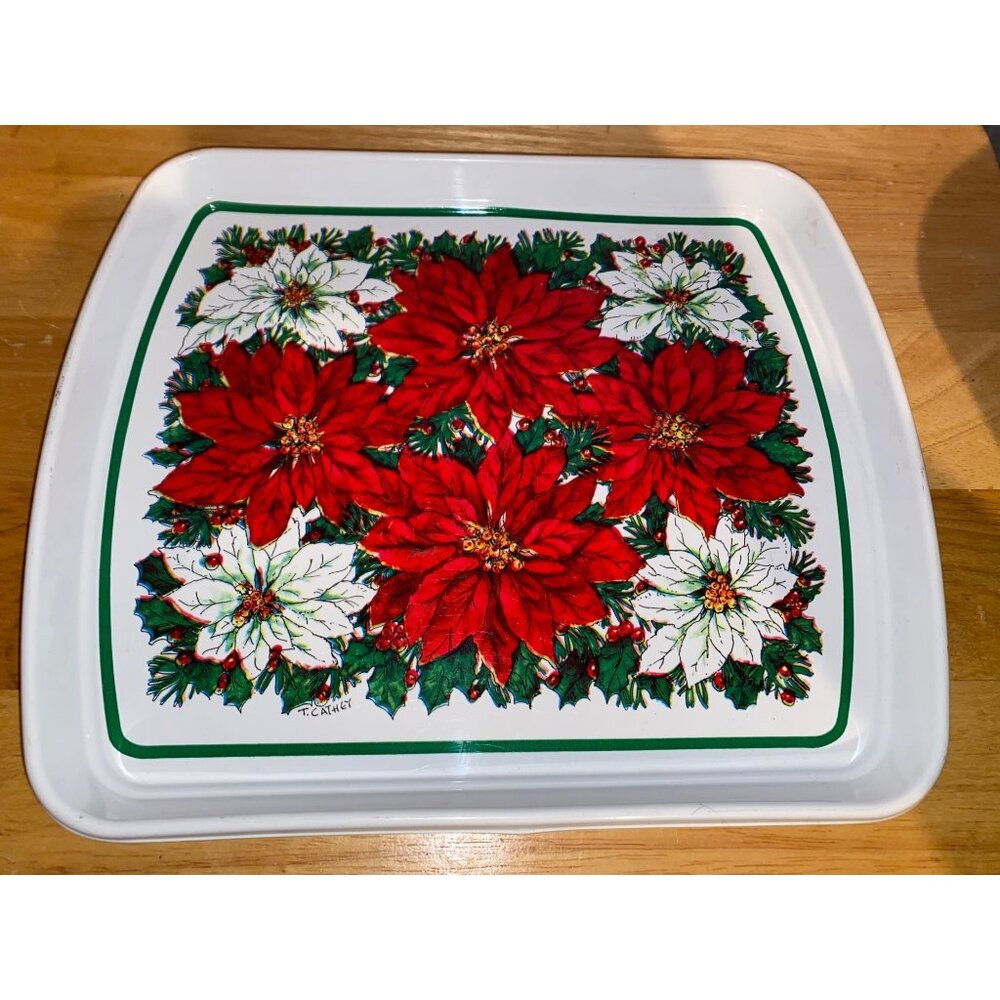 Vintage Christmas Serving Tray Tin With Poinsettia & Holly Design By T. Cathey
